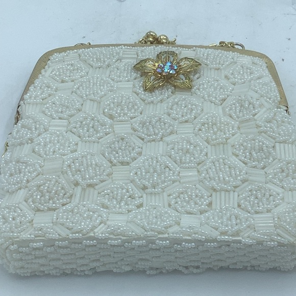 White Beaded Evening Bag with Gold Chain and Bejeweled  Flower - Picture 12 of 14